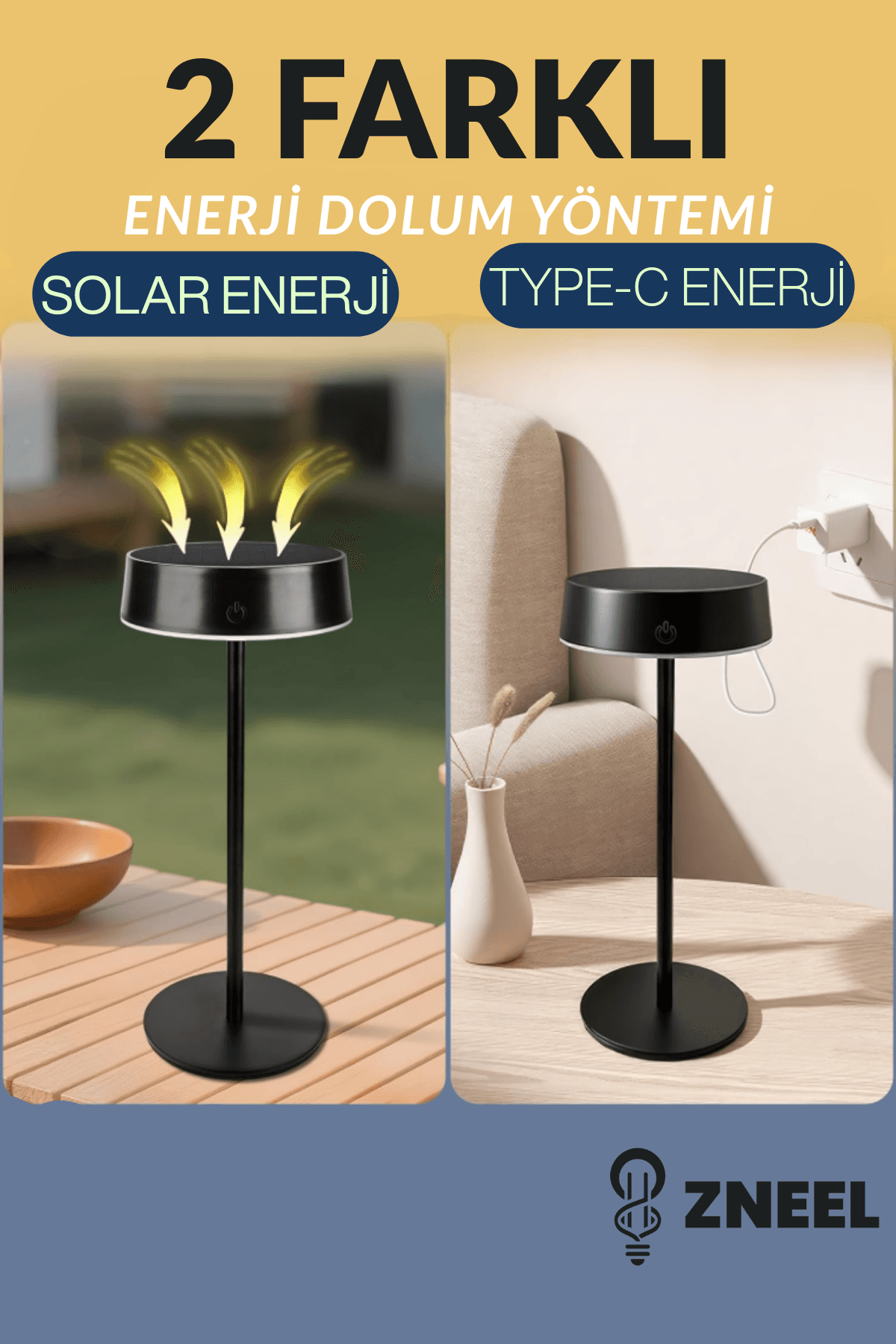 Solar Şarjlı Full Metal Dokunmatik Masa Lambası – 3 Işık Modu, Şık Modern Tasarım-Su Geçirmez - Küçük 3