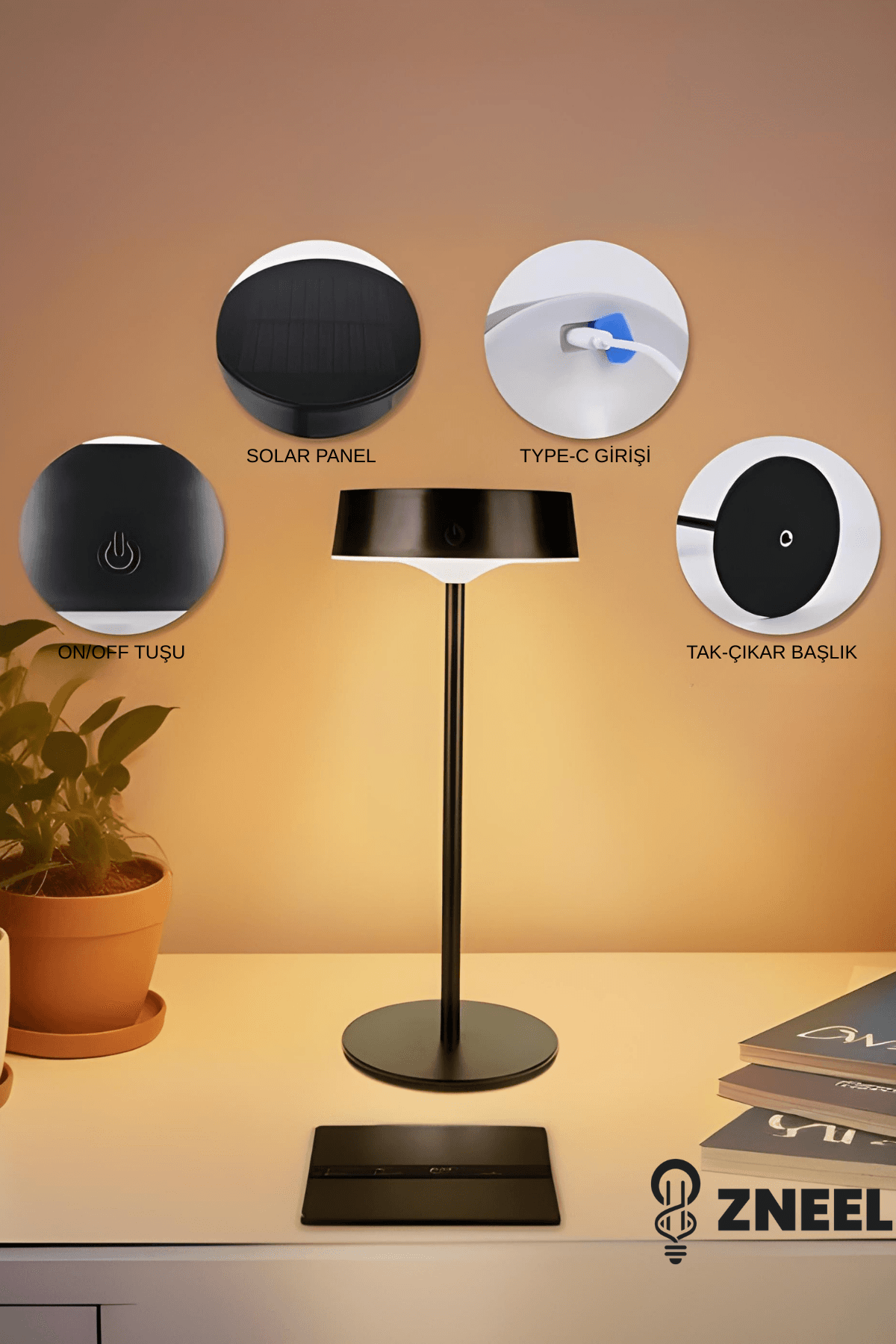 Solar Şarjlı Full Metal Dokunmatik Masa Lambası – 3 Işık Modu, Şık Modern Tasarım-Su Geçirmez - Küçük 6