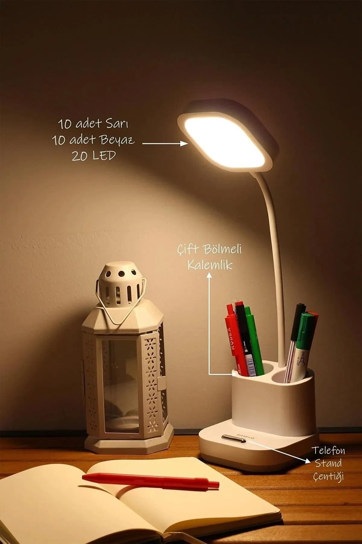 Şarjlı Masa Lambası 3 Renk Dokunmatik Telefon Standlı Kademeli Okuma Işığı Gece Lambası - Küçük 2
