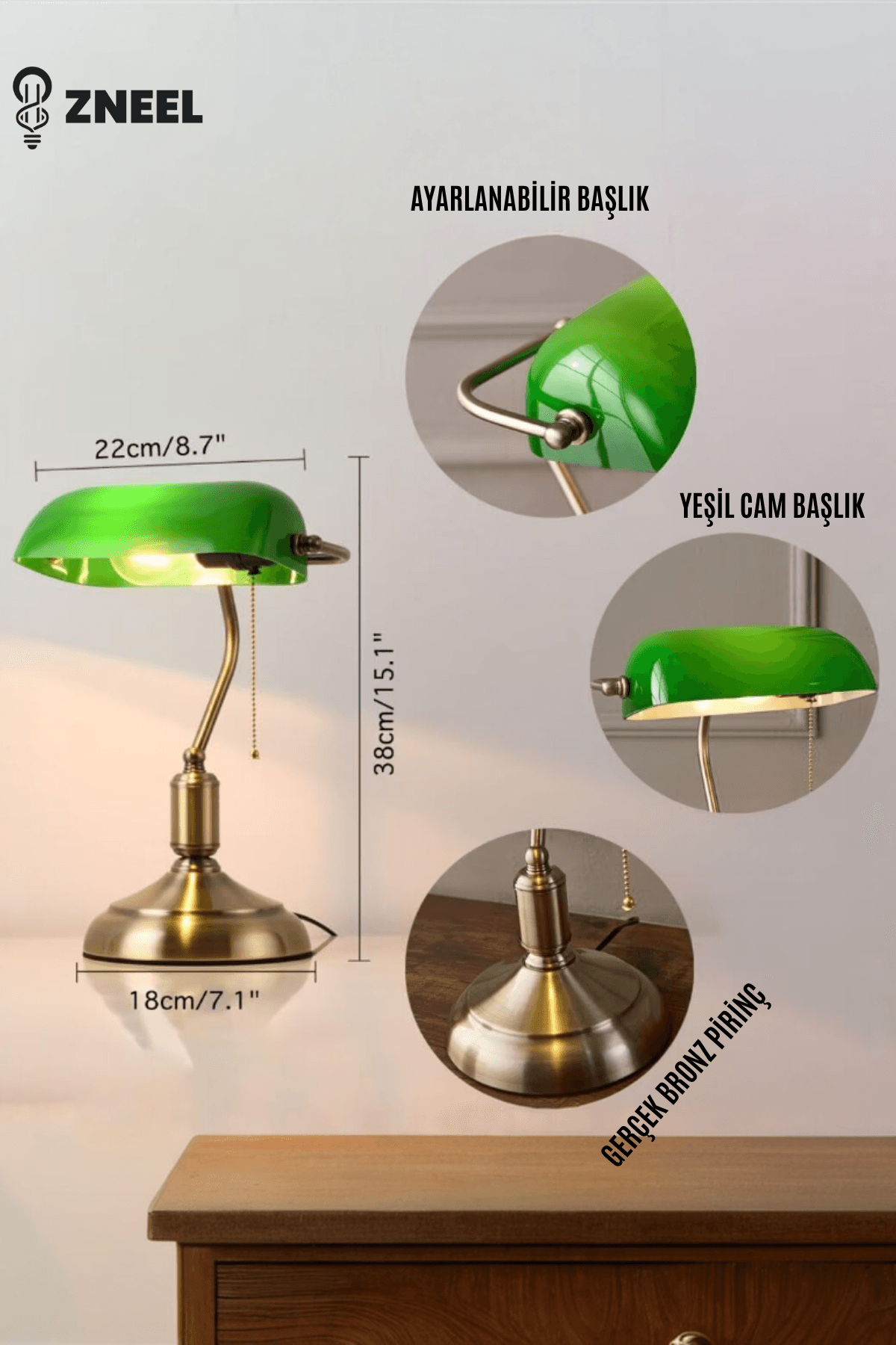 Banker Masa Lambası – Dinamik Oynar Başlık, Sağlam Taban, Cam Başlıklı Pirinç Kaplama - Küçük 3