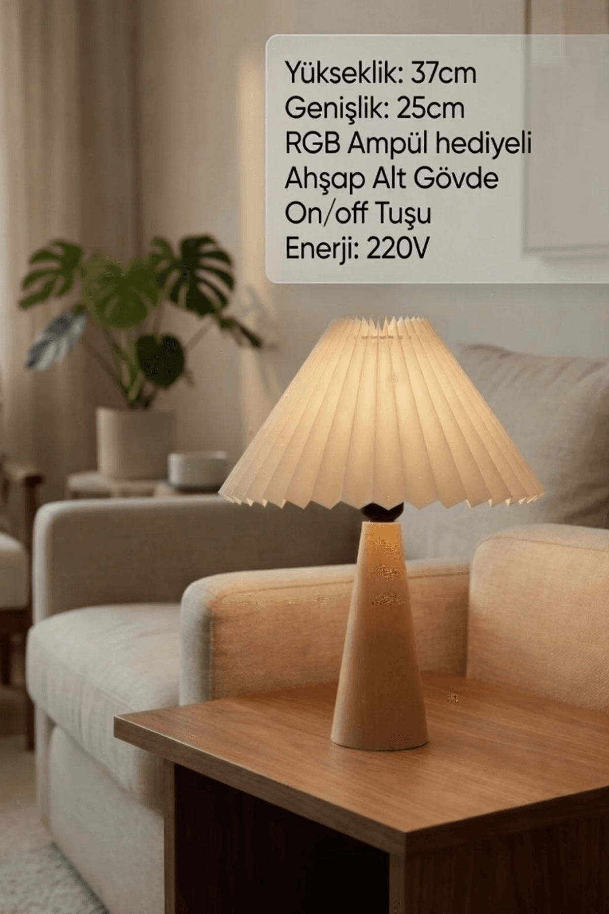 Nordic Fold  Modern Ahşap Gövdeli Pliseli Kumaş Abajur 47 cm – RGB Ampul Hediyeli, 220V Fişli Masa Lambası - Küçük 3