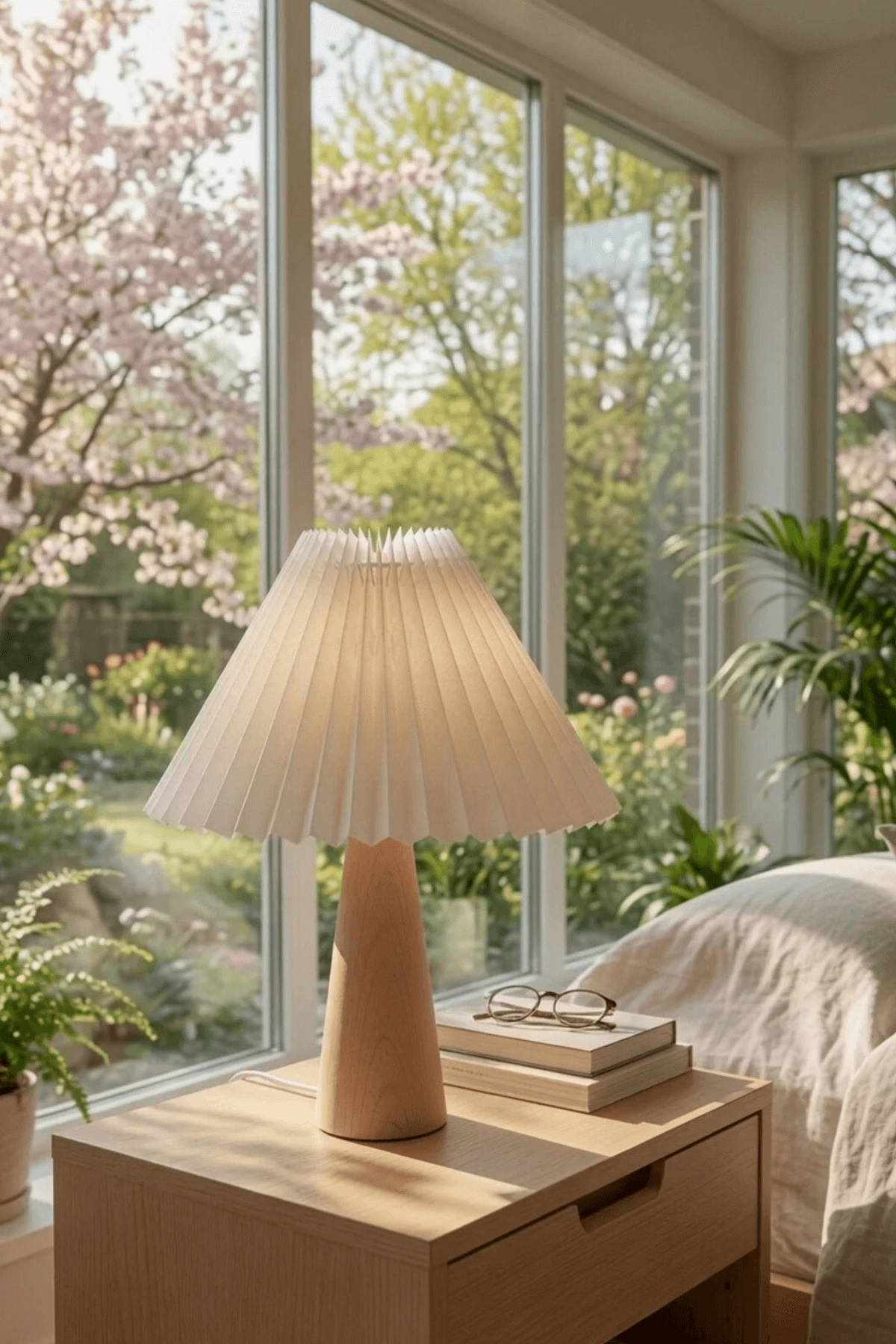 Nordic Fold  Modern Ahşap Gövdeli Pliseli Kumaş Abajur 47 cm – RGB Ampul Hediyeli, 220V Fişli Masa Lambası - Küçük 5