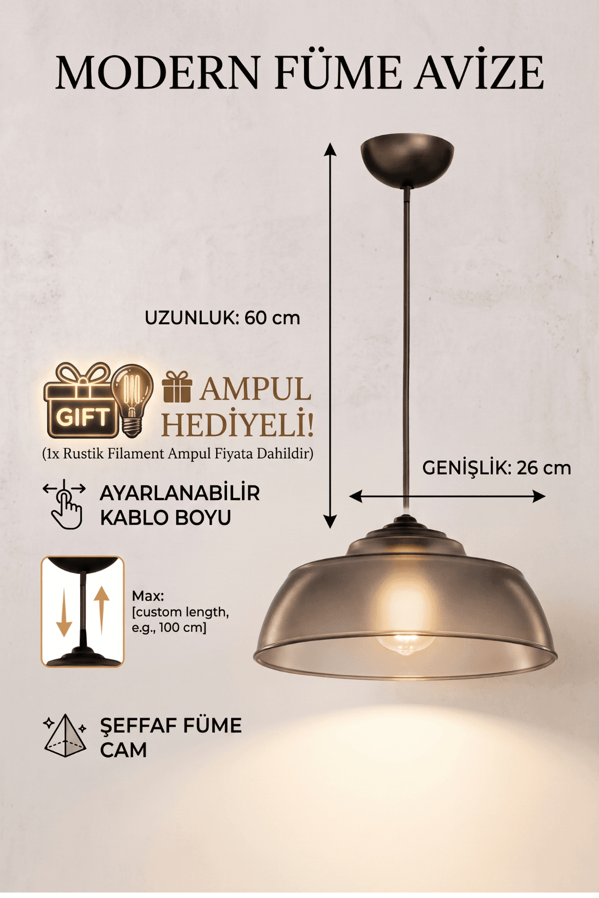 Modern Bal Rengi Avize Sarkıt Lamba 60 cm Ayarlanabilir Kablo Boyu Rustik Ampul Hediyeli - Küçük 3