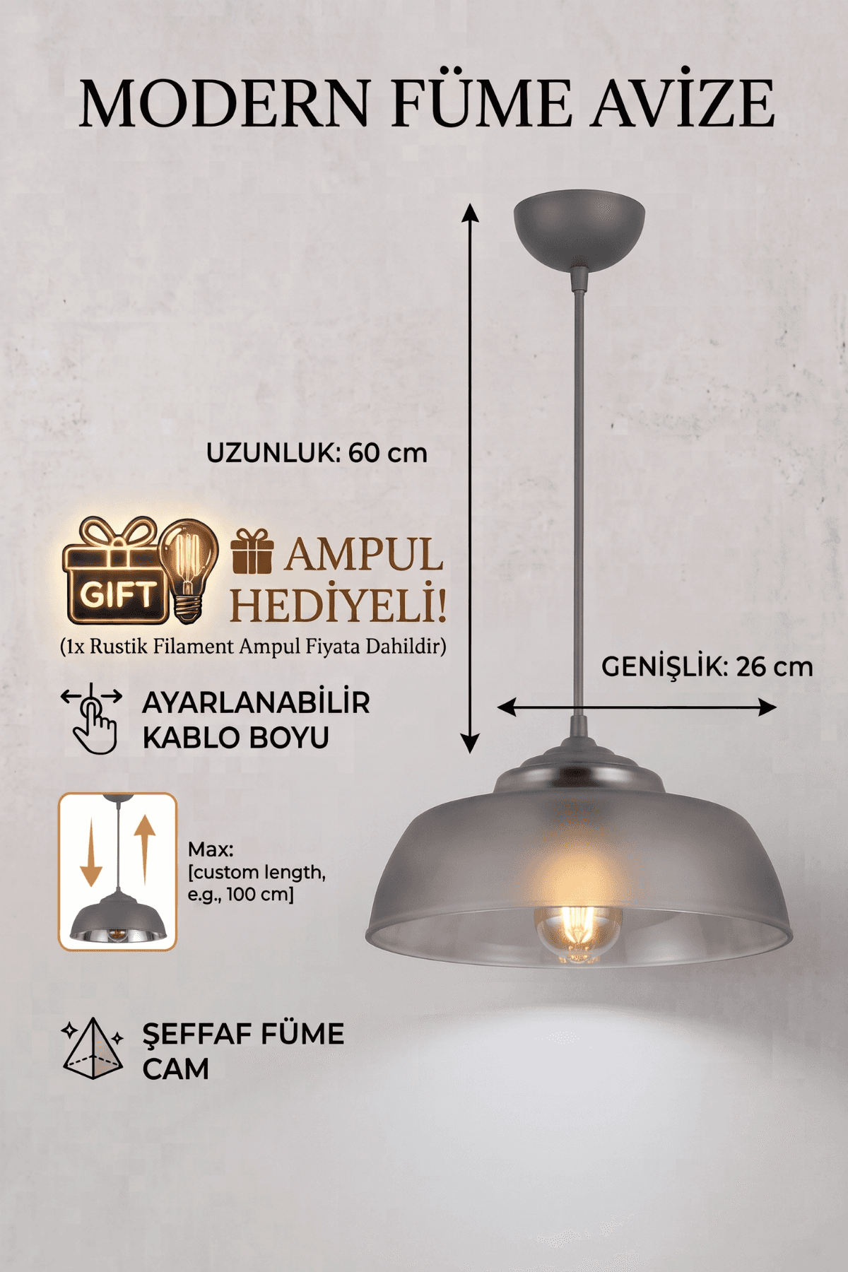 Modern Füme Renk Avize Sarkıt Lamba 60 cm Ayarlanabilir Kablo Boyu Rustik Ampul Hediyeli - Küçük 2