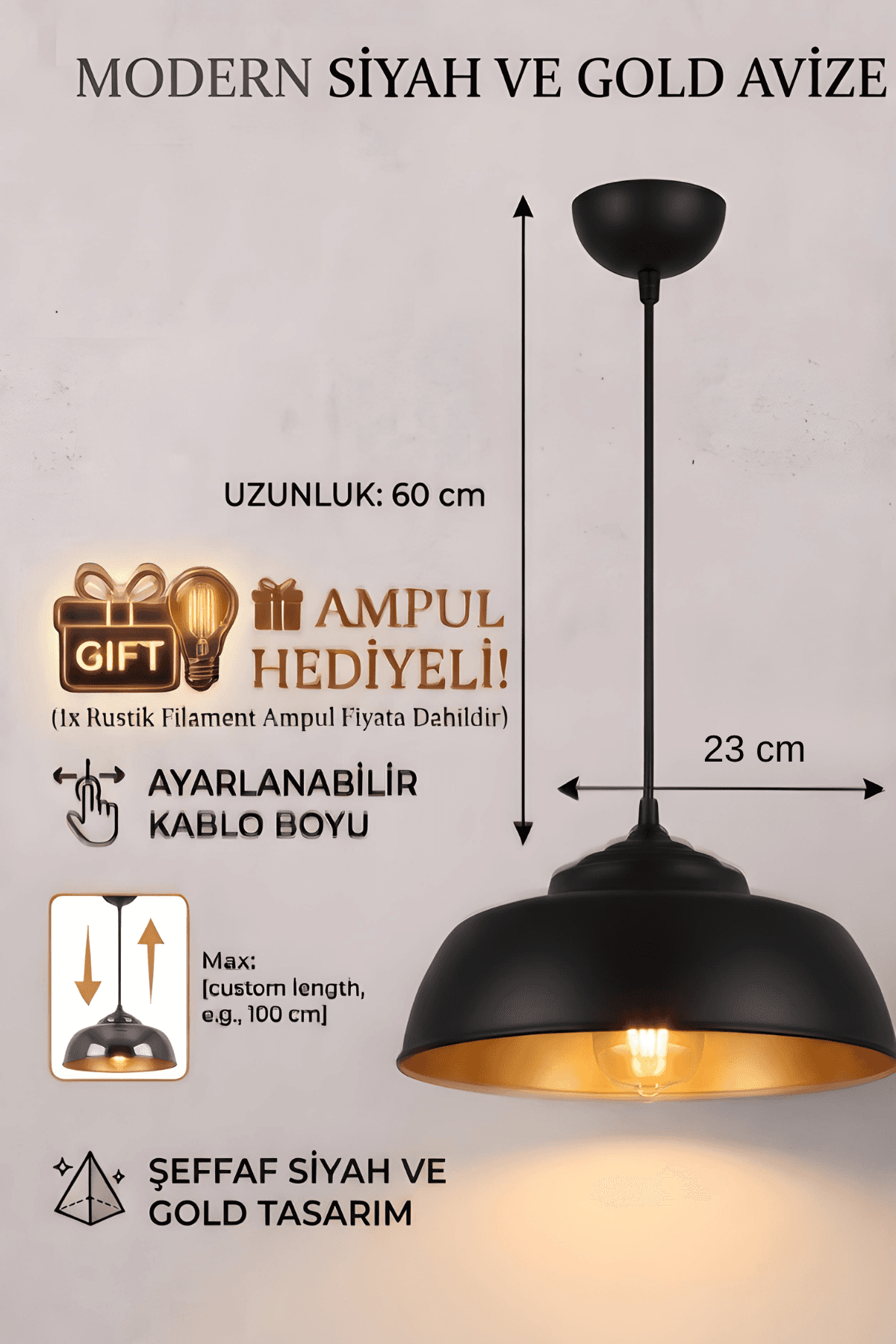 Modern Siyah&Gold Avize Sarkıt Lamba 60 cm Ayarlanabilir Kablo Boyu Rustik Ampul Hediyeli - Küçük 2