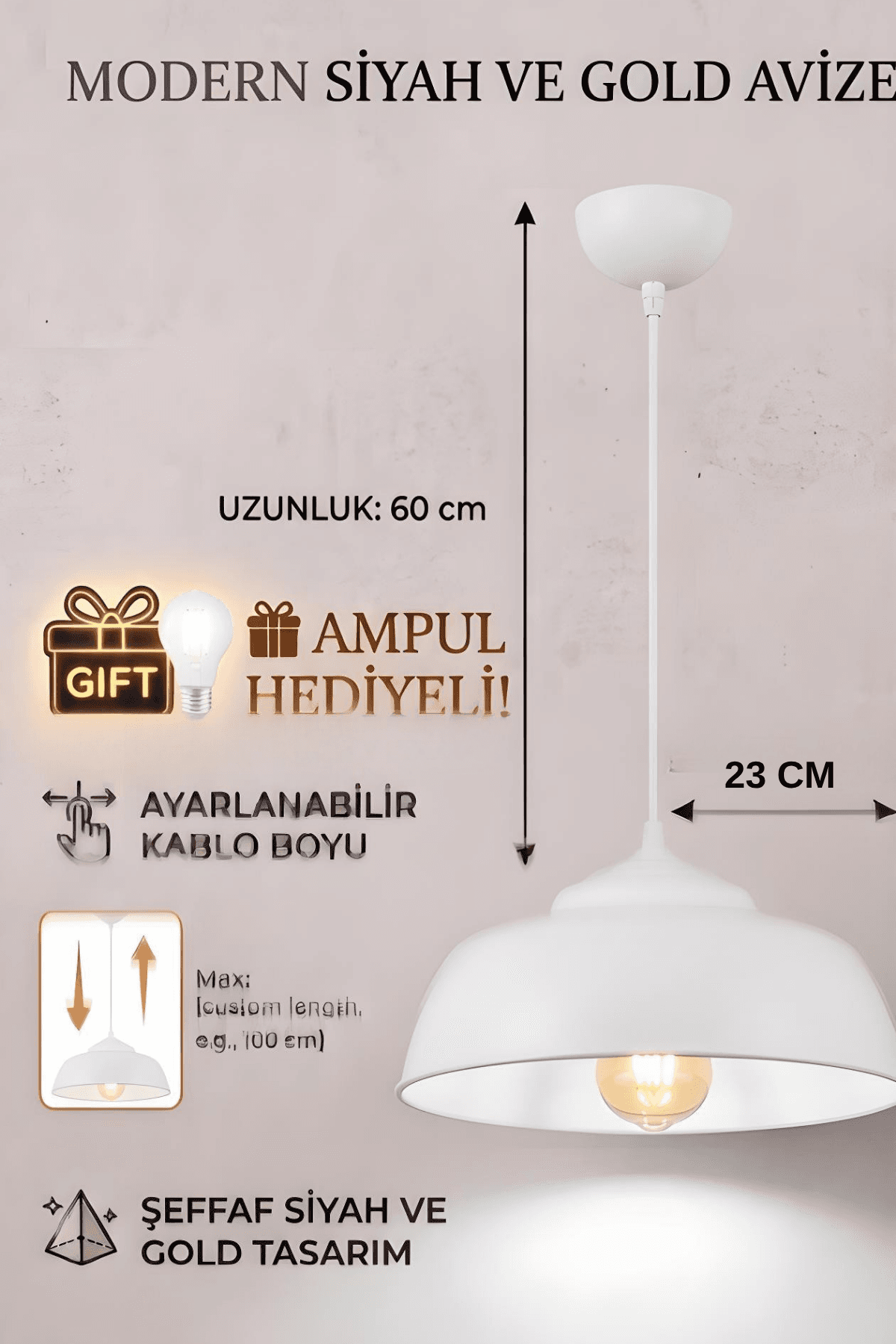 Modern Beyaz Avize Sarkıt Lamba 60 cm Ayarlanabilir Kablo Boyu Rustik Ampul Hediyeli - Küçük 2