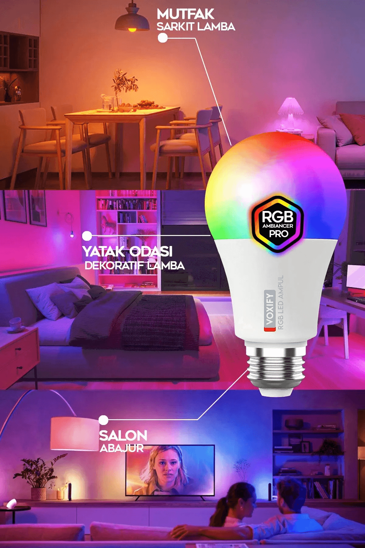Kumandalı RGB LED Ampul E27 – 16 Renk Seçeneği, Lümen Ayarlı, Efekt Modlu, Enerji Tasarruflu
